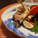 Nihon Ryouri Shinchaya - 鰻冊､酸漿の中に螺貝と海苔の磯部和え､天然鮎の塩焼､鴨ロースの漬込み