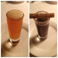 ヌキテパ - ヌキテパ前菜の一品です。太陽と土のスープ。下手の赤いスープは冷製のトマトのスープで、その後に出てきた土色のスープはなんと温製牛蒡のスープです。スープのマリアージュ。