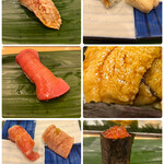 寿司処 やまざき - おまかせ７０００円。後半戦。のど黒炙り、中トロ、大トロ、穴子、ウニ手巻き、とろたくイクラ手巻き。やや重たい構成に見えますが、ペロリといただきました（╹◡╹）（╹◡╹）