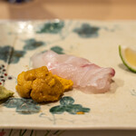 うを徳 - 2022.9 お造り（明石の鯛3.1kgサイズ、利尻産ムラサキウニ）