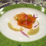 クリマ ディ トスカーナ - 前菜　北海道　秋サケ　銀龍　梨　ミョウガ　ヘベス　生コショウ