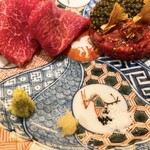東京肉しゃぶ家 - 但馬玄 特選赤身 刺身と但馬玄 タルタル ドライフルーツ キャビア