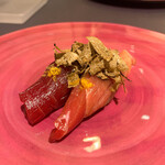 プレゼンテ スギ - ⑯杉寿司（インサラータ・ディ・リーゾ、本鮪の天身と中トロ、夏トリュフ、軍鶏の卵カラスミ）