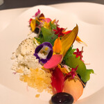 プレゼンテ スギ - ⑳Sugi畑をお皿に乗せて（野菜サラダ、エディブルフラワー、イタリア産生ハム、玉葱と牛乳の発酵ドレッシング）