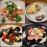 Osteria Orto - お任せ小皿コース（スモークサーモンとフレッシュチーズ、ムール貝、蓮根フリット、地鶏ローストとニョッキ）