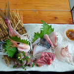 真鶴 魚座 - お刺身のお皿、”アジのタタキの姿造り”、”ボタン海老”、”サワラ”、”ブリ”、”タイ”、”マグロ”です。