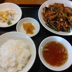 雪園 - 豆腐とニンニクの芽醤油煮込み定食。