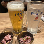 肉と日本酒いぶり - ビール＆ゆず酒水割り＆お通し