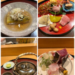 日本料理 太月 - ランチコース２０７９０円。茄子焼き浸し、八寸、土瓶蒸し、鯛と鰹たたき。鮎の煮浸しや松茸など、季節感いっぱいで、大満足です（╹◡╹）（╹◡╹）