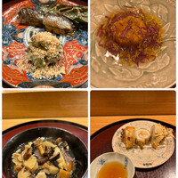 日本料理 太月 - ランチコース２０７９０円。鰯松茸挟み焼き、蓮根餅、天然茸のうどん、太刀魚舞茸鋳込み揚げ。この時期、松茸以外の茸は、スタッフの皆様が山で採った天然物です（╹◡╹）