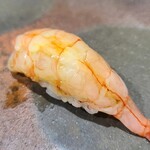 鮨匠 のむら - ⑲波管髭海老【ナミクダヒゲエビ】(鹿児島県錦江湾産、210m)
      産卵期は夏～秋、旬も夏～秋だか通年味はあまり落ちない。
      ご当地のスペシャルなネタで、甘海老よりも甘く複雑なコクと海老特有の旨みがあります