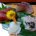 大喜庵 - 2013.04　お造り　はまち、まぐろ、ひらめ、くえ
