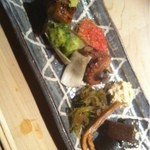 くろぎ - 八寸：穴子寿司・ばち子・筍の木の芽味噌和え・いいだこ・にしんの昆布etc.