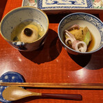 島宿　真里 - 蓮根まんじゅう 諸味田楽　焼き茄子 いりこ酢掛け