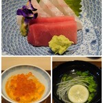 185636291 - 真鯛と本鮪の刺身、生ウニと富山白えびのミニ丼、蜆のおすまし