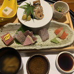 湯宿 季の庭 - 鰻寿司、萩真丈、銀杏串、蓮根煎餅、ピリ辛蒟蒻、水菜、菊浸し、胡桃豆腐