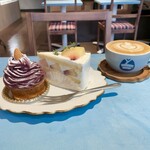 Petika sukemasacoffee - 桃のショートケーキ、紫いもモンブラン＆カフェラテ