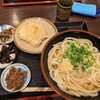 讃州製麺 - かけうどん2玉とさつまいも天　無料のトッピングは上からイリコ佃煮､昆布佃煮､削り節佃煮