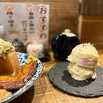 Toridashi Oden Nerimon - ◯ポテトサラダ¥550…アイススクープで盛り付けてあるので、ダブルのアイスみたいなビジュアル♪ マイレビfさんのときと違って…ベーコン少なめ(T_T)もちょっと工夫が欲しいポテサラ。