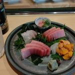 Sushi Tempura Gosakutei - ●ﾗﾝﾁ。単品。中瓶B 715++焼酎ﾎﾞﾄﾙ3850++刺し(鮑ｱﾜﾋﾞ1738+ｳﾆ2178X2+中ﾄﾛ1650X2)++天ぷら(蓮根418)+炙り銀杏748X2+土産1.5合3278＝19,090円 