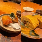 松濤 爛缶 - 山菜の春巻き、蛍烏賊と行者にんにくのだし巻き