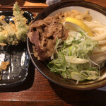 本格手打 いわしや - しょうゆ(冷)+大盛+肉トッピング+とうがらし天(500円+130円+300円+180円)