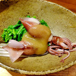 天ぷら処 こさか - お通し（ホタルイカと菜ノ花の酢味噌がけ）（２０１３年４月）