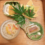 よし町 - ①前菜(ずんだ和え・身巻き唐墨・蛤葱ぬた・鯉南蛮漬)