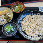 Yude Tarou Motsu Jirou - 朝食セット焼鯖ごはん430円＋お椀そば（温かけ）150円