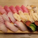 寿司 築地日本海 - 中トロ　あわび　炙り中トロ　みる貝　カンパチ　いくら