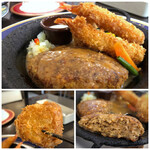 Donkihotei - ＊メニューには『ハンバーグは赤身をブレンドし2度焼きした品に、ソテーした玉葱と生玉葱を合わせ、調味されているとのこと』 お味は悪くないですが、食感的には少し柔ら目のパテに似た印象を受けました。 海老フライとカニクリームコロッケは普通に美味しい。