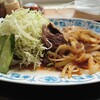 Michi No Eki Shiretoko Rausu - 玉ねぎが主張してますが、その下に沢山の鹿肉が隠れています！味付けも良かったですよ！ビールがススム君です。