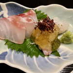 食堂こなん - 造里 鱧焼き霜 天然真鯛 あしらい一式