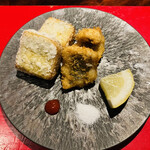 賛否両論 - さつまいもと蔓胡椒のカステラ揚げ／鱧のフライ