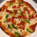 Shrimp, avocado and anchovy pizza
