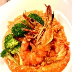 Shrimp and broccoli tomato cream risotto