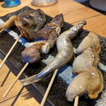 魚串 ごち - 魚串盛り合わせ焼盛5本　　　1190円　
            （サバの一夜干し串、ホッケの干物串、まぐろホホ肉ねぎま串、子持ちシシャモ串、ホタテバター串）