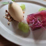 さじこよみ - 冬瓜の赤しそ煮と秋のフルーツ寒天寄せ　自家製豆乳ジェラート