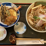 やすけ - 「鴨きのこそば」@1100＋「ミニ天丼」@500