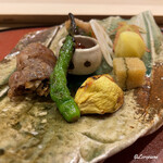 御料理 寺沢 - 焼無花果､北上牛の松茸巻､伏見唐辛子､いくら､酢蓮根､子持昆布､鯵の南蛮漬､焼栗