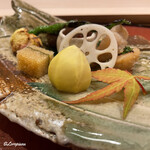 御料理 寺沢 - 焼無花果､北上牛の松茸巻､伏見唐辛子､いくら､酢蓮根､子持昆布､鯵の南蛮漬､焼栗