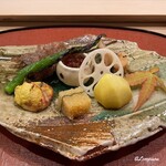 御料理 寺沢 - 焼無花果､北上牛の松茸巻､伏見唐辛子､いくら､酢蓮根､子持昆布､鯵の南蛮漬､焼栗