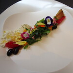 プレゼンテ スギ - Sugi畑をお皿に乗せて（エディブルフラワー・イタリア産生ハム・玉葱と牛乳の発酵ドレッシングのサラダ）