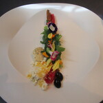 プレゼンテ スギ - Sugi畑をお皿に乗せて（エディブルフラワー・イタリア産生ハム・玉葱と牛乳の発酵ドレッシングのサラダ）