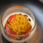 プレゼンテ スギ - 野菜のフラン（GVした玉蜀黍やパプリカソースなど千葉の夏野菜、イタリアンパセリオイル、野菜のブロードを軍鶏の卵で蒸し固めたフラン）