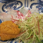 車力門 ちゃわんぶ - 25年4月　造り　愛媛天然鯛、青森大間雄白雲丹