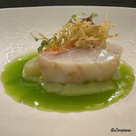 カーサ・デル・チーボ - 幸神目抜の鱗焼きとしらすのフリット､香り豆のピュレとミントオイルのソース