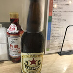 Fureai Sakaba Hoteichan - 大瓶ビール(立ち飲み価格420円)。この界隈では串のこたに(綾瀬)に次ぐくらいの安さかと。これでずっといきたくなる気持ちもわからんでもないな、な安さ☆