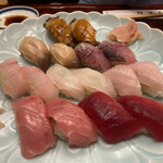 松乃寿司 - 中トロ・まぐろの赤身・あかむつ・あら・たち魚・ほっき貝・生あじ・むしあわび(写真は2人前)