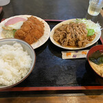 Rokudemonai Kuimono Ya Kuma - 3点セット　生姜焼き＋チキンカツ　オプションはハムエッグ。ごはん普通盛り。